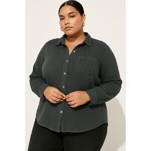 Pilcro Anthropologie Cotton Double Gauze Button Down Shirt 3X Black Minimalist